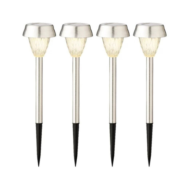 Set di quattro paletti luminosi solari con struttura in acciaio inox e luce calda