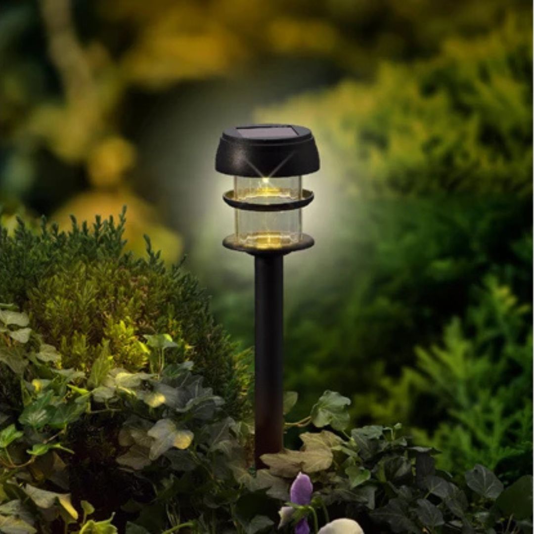 Lampada da giardino solare a luce calda installata tra foglie e fiori in un’aiuola