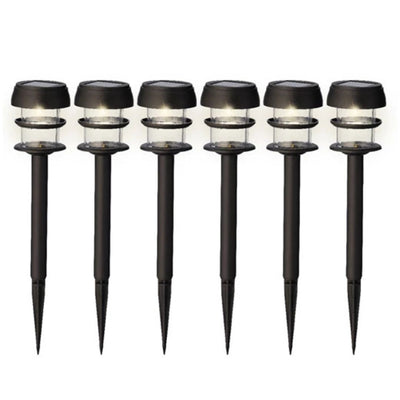 Set di lampade solari a paletto con luce bianca, corpo nero e cupola trasparente, fondo bianco