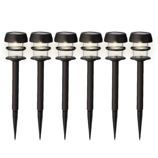 Set di lampade solari a paletto con luce bianca, corpo nero e cupola trasparente, fondo bianco