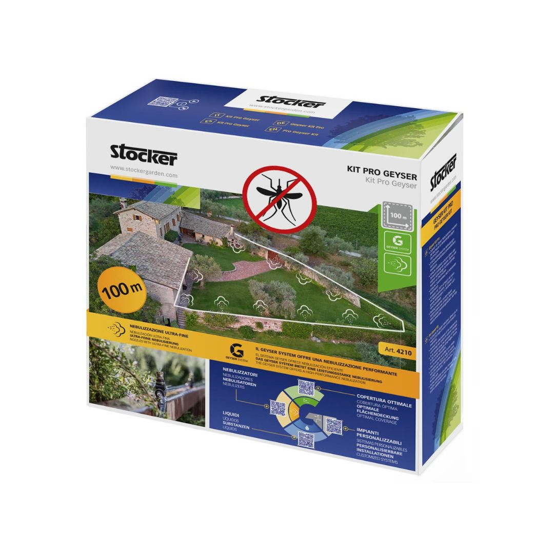 Confezione del Kit Pro Geyser Stocker da 100 metri, con schema di nebulizzazione e icona antizanzare ben visibile sul fronte