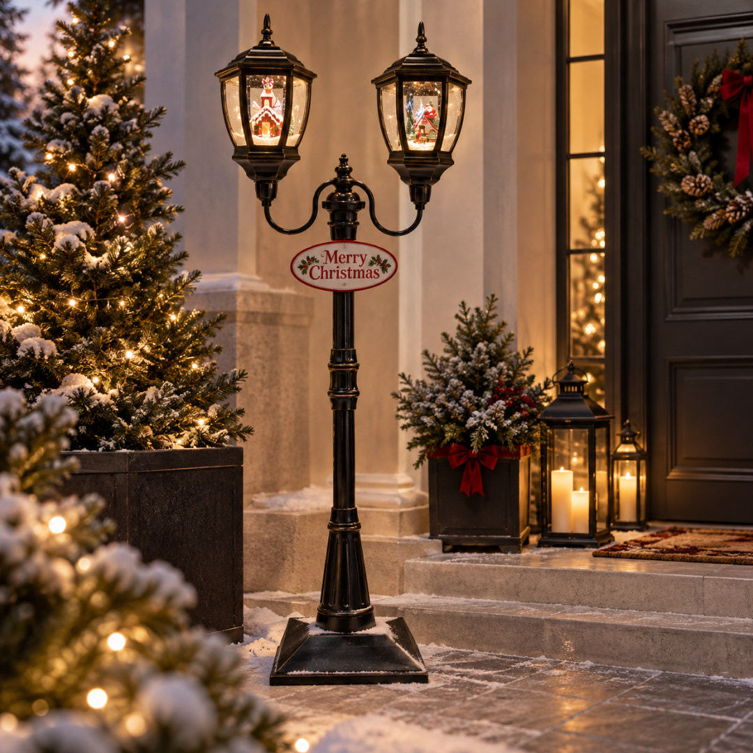 Lampione natalizio doppio nero illuminato, ambientato all'ingresso di una casa decorata per Natale con alberi innevati e lanterne