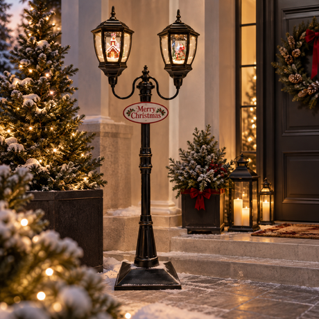 Lampione natalizio doppio nero illuminato, ambientato all'ingresso di una casa decorata per Natale con alberi innevati e lanterne