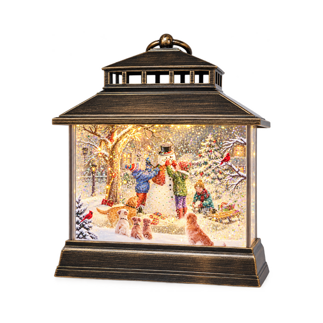 Lanterna natalizia glitter LED con scena pupazzo di neve e bambini