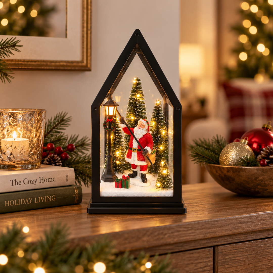 Lanterna natalizia con Babbo Natale e lampione tra abeti illuminati, ambientata in una casa decorata per Natale