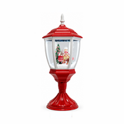 Lanterna natalizia da tavolo rossa e bianca con scena innevata, Babbo Natale, casetta di pan di zenzero e albero decorato