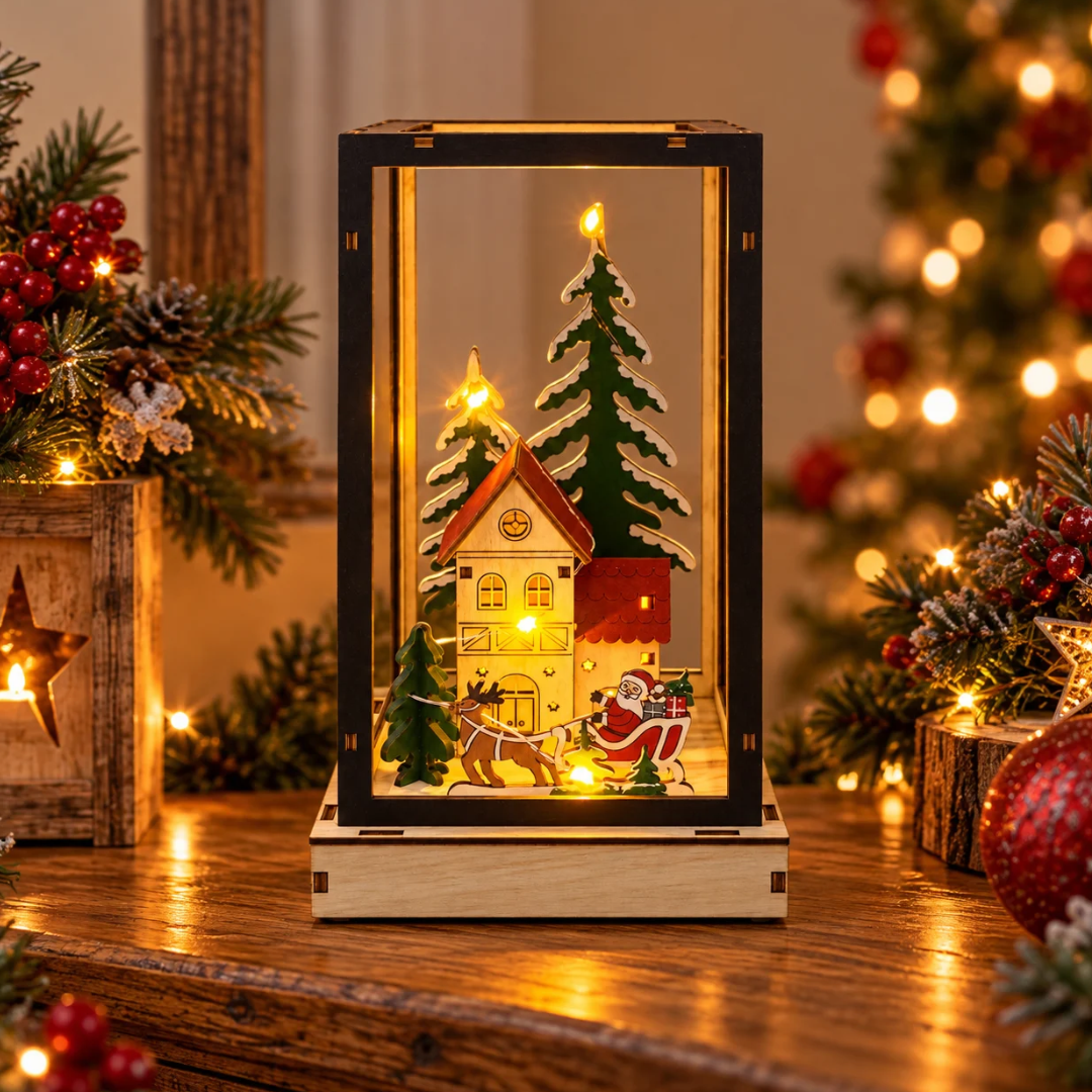 Lanterna natalizia luminosa in legno con Babbo Natale e renna, ambientata su un mobile tra rami di abete e decorazioni natalizie
