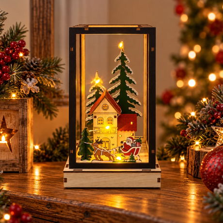 Lanterna natalizia luminosa in legno con Babbo Natale e renna, ambientata su un mobile tra rami di abete e decorazioni natalizie