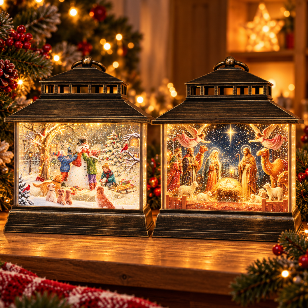 Lanterne glitter LED con scene natalizie ambientate accanto all’albero