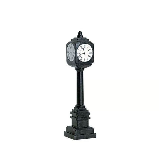 Orologio da strada Lemax in stile classico, con struttura nera su piedistallo e quadrante bianco con numeri romani.