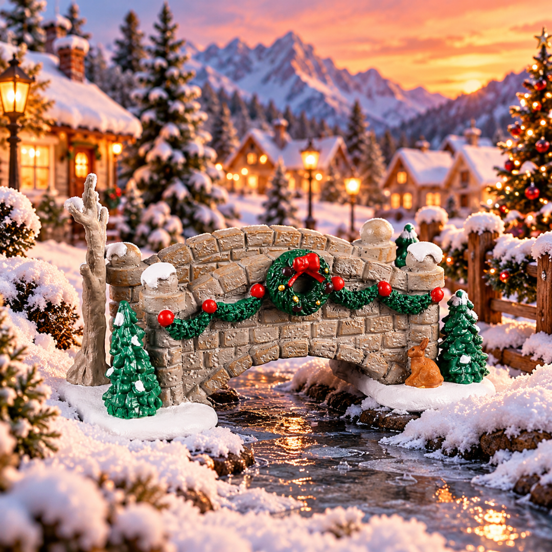 Ponticello natalizio Lemax in pietra innevata, decorato con ghirlande verdi, palline rosse e corona con fiocco ambientato in un villaggio natalizio Lemax.