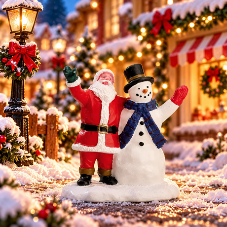 Babbo Natale accanto a un pupazzo di neve con cappello nero, sciarpa blu e guanti rossi che salutano ambientati in un villaggio natalizio Lemax.