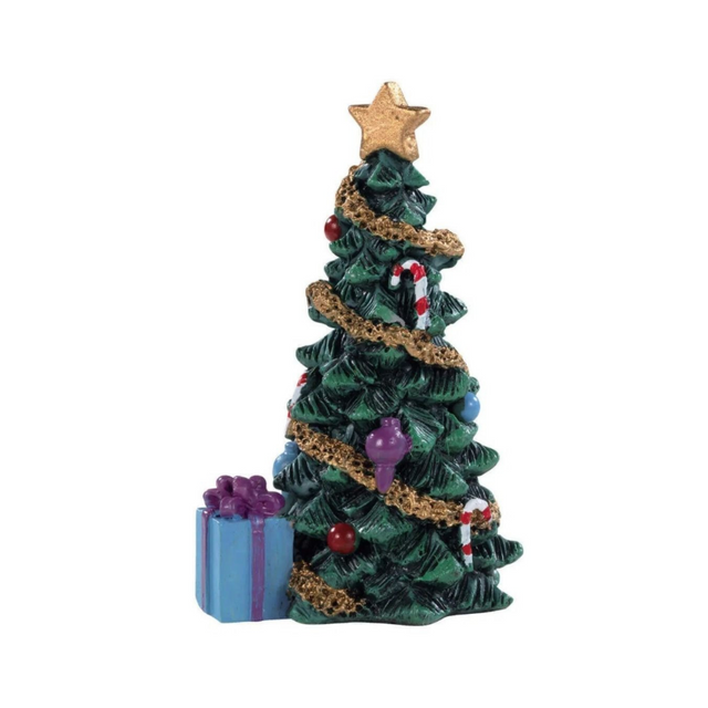 Statuetta in resina di un albero di Natale alta 6,5 cm per villaggetti natalizi.