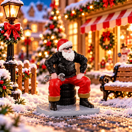 Babbo Natale in giacca nera, occhiali da sole e pantaloni rossi, seduto su una pila di pneumatici con una chiave inglese ambientato in un villaggio natalizio Lemax.