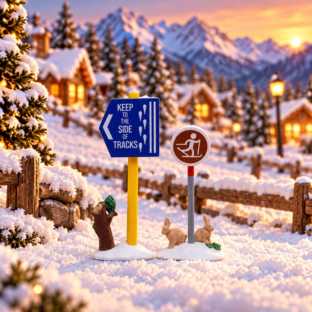 Segnaletica Lemax per pista da sci di fondo con due cartelli, freccia direzionale, simbolo dello sciatore e due conigli sulla neve ambientati in un villaggio natalizio Lemax.