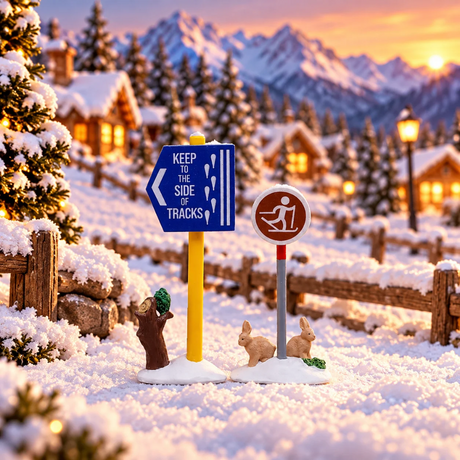 Segnaletica Lemax per pista da sci di fondo con due cartelli, freccia direzionale, simbolo dello sciatore e due conigli sulla neve ambientati in un villaggio natalizio Lemax.