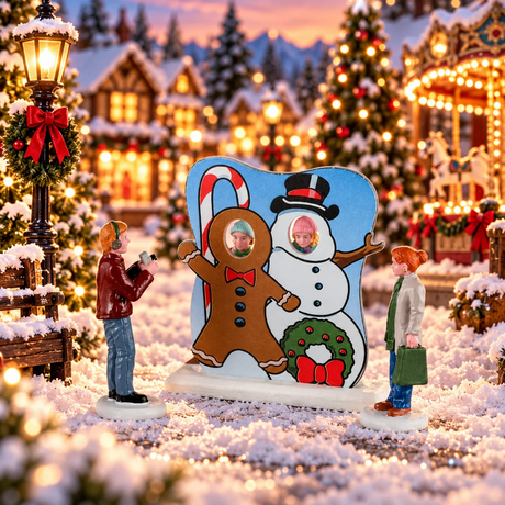 Scena Lemax con due bambini che posano con il volto nelle sagome di un omino di pan di zenzero e di un pupazzo di neve, mentre due adulti li fotografano ambientati in un villaggio natalizio Lemax.
