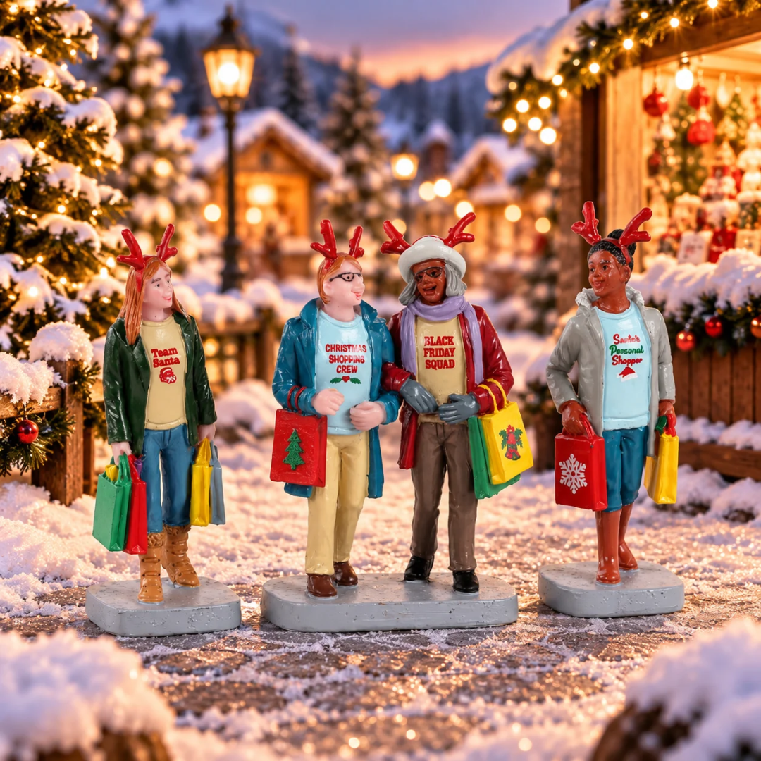 Gruppo di quattro personaggi Lemax con cerchietti da renna e borse colorate, intente nello shopping natalizio ambientate in un villaggio natalizio Lemax.