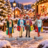 Gruppo di quattro personaggi Lemax con cerchietti da renna e borse colorate, intente nello shopping natalizio ambientate in un villaggio natalizio Lemax.