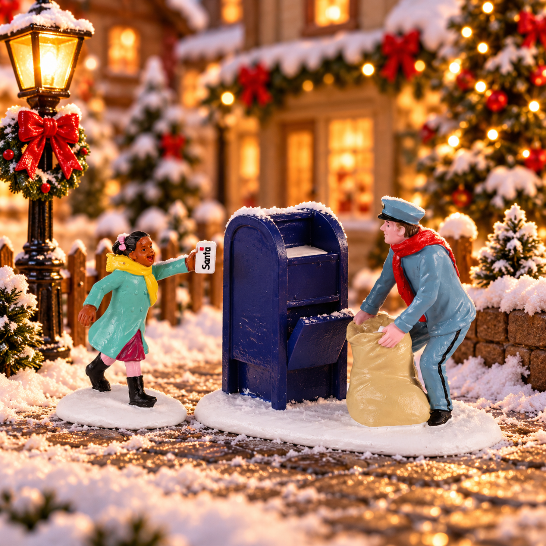 Figurina Lemax con bambina che consegna una lettera per Babbo Natale a un postino accanto a una cassetta postale blu ambientati in un villaggio natalizio Lemax.