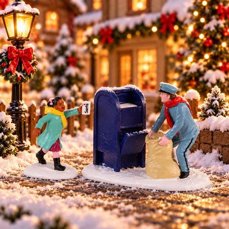 Figurina Lemax con bambina che consegna una lettera per Babbo Natale a un postino accanto a una cassetta postale blu ambientati in un villaggio natalizio Lemax.