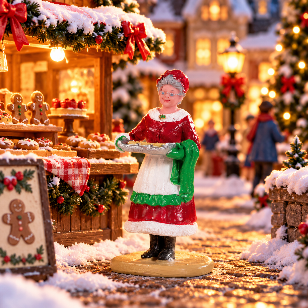 Statuetta della Signora Claus che porta una teglia di biscotti appena sfornati ambientato in un villaggio natalizio Lemax.