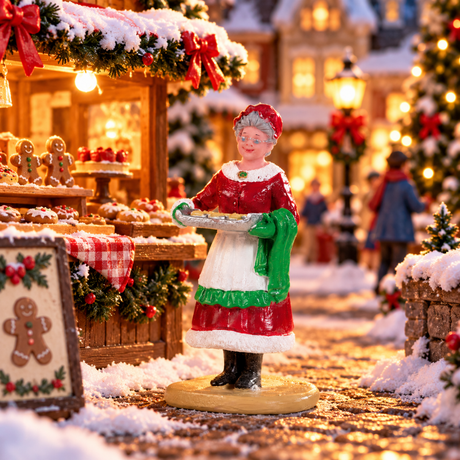 Statuetta della Signora Claus che porta una teglia di biscotti appena sfornati ambientato in un villaggio natalizio Lemax.