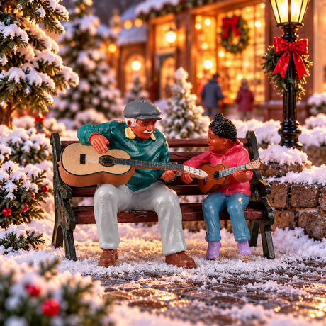 Statuetta con un uomo e bambina seduti su una panchina mentre suonano insieme la chitarra ambientati in un villaggio natalizio Lemax.