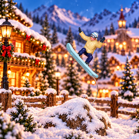 Snowboarder in salto sopra una base innevata, con tavola azzurra ambientato in un villaggio natalizio Lemax.