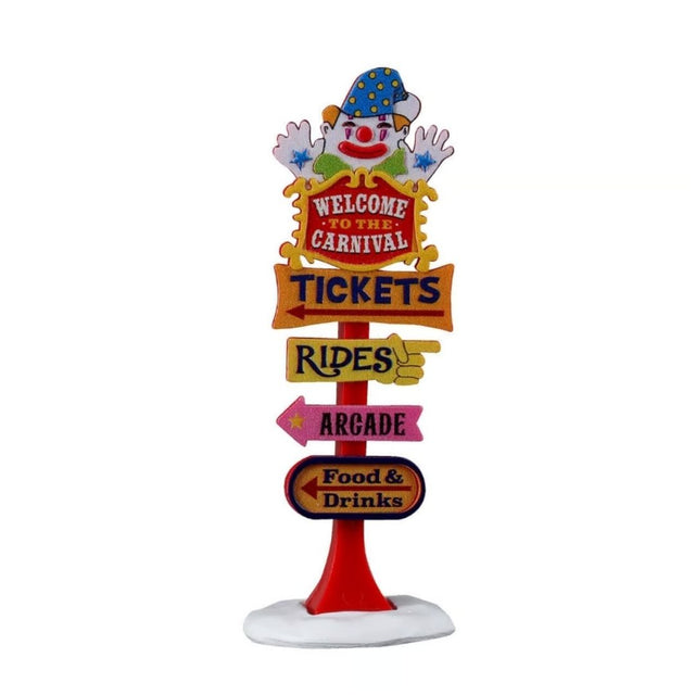 Insegna Lemax colorata per luna park con clown e indicazioni per biglietti, giostre, sala giochi, cibo e bevande.