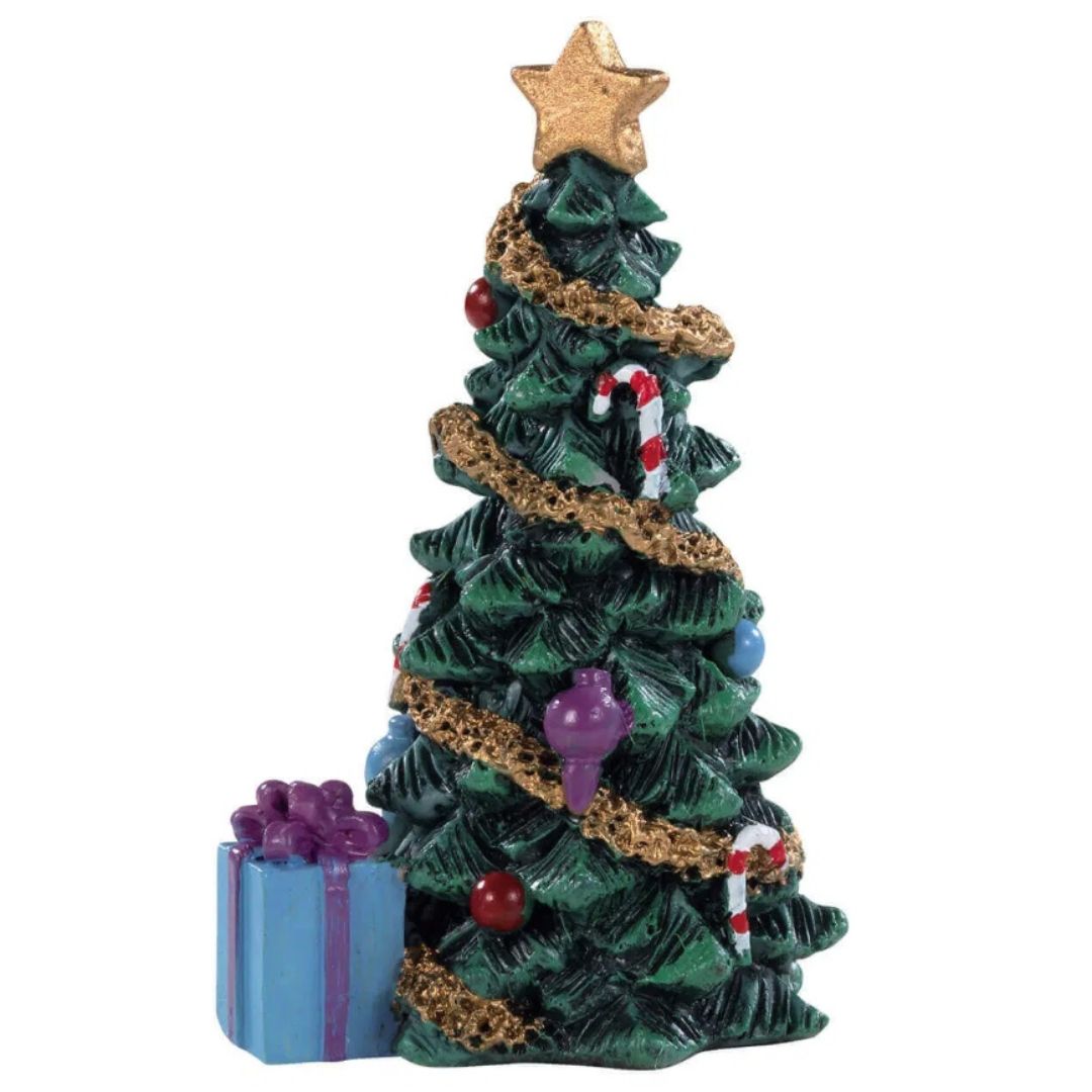 Statuetta in resina di un albero di Natale alta 6,5 cm per villaggetti natalizi.