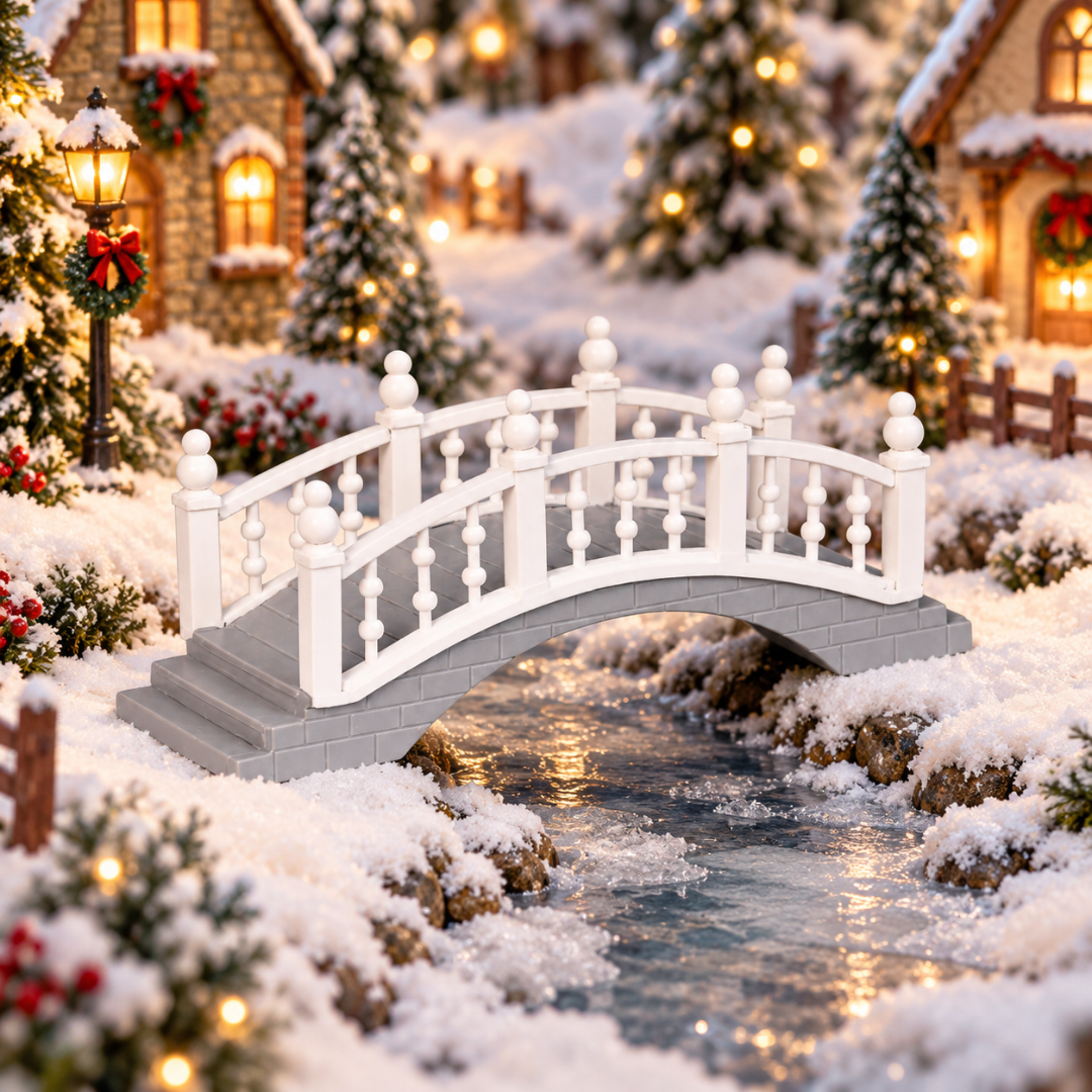 Ponticello pedonale per villaggetti natalizi bianco in plastica ambientato in un villaggio di natale Lemax.