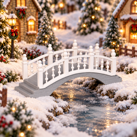 Ponticello pedonale per villaggetti natalizi bianco in plastica ambientato in un villaggio di natale Lemax.