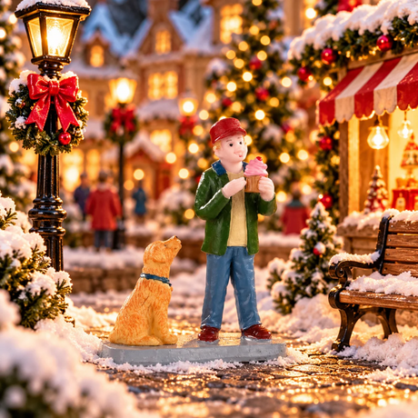 Personaggi Lemax con ragazzo che tiene un cupcake rosa mentre un cane seduto accanto a lui lo osserva con attenzione ambientati in un villaggio natalizio Lemax.
