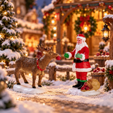 Set di due personaggi Lemax con Babbo Natale che da una mela alla sua renna ambientato in un villaggio natalizio Lemax.