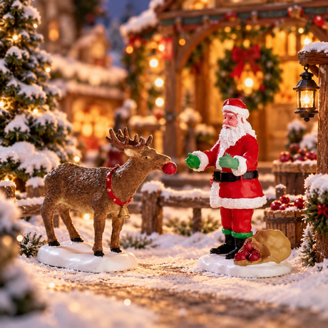 Set di due personaggi Lemax con Babbo Natale che da una mela alla sua renna ambientato in un villaggio natalizio Lemax.