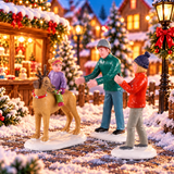 Bambina in sella a un cane con orecchie da renna, osservata da due adulti in abiti invernali ambientati in un villaggio natalizio Lemax.