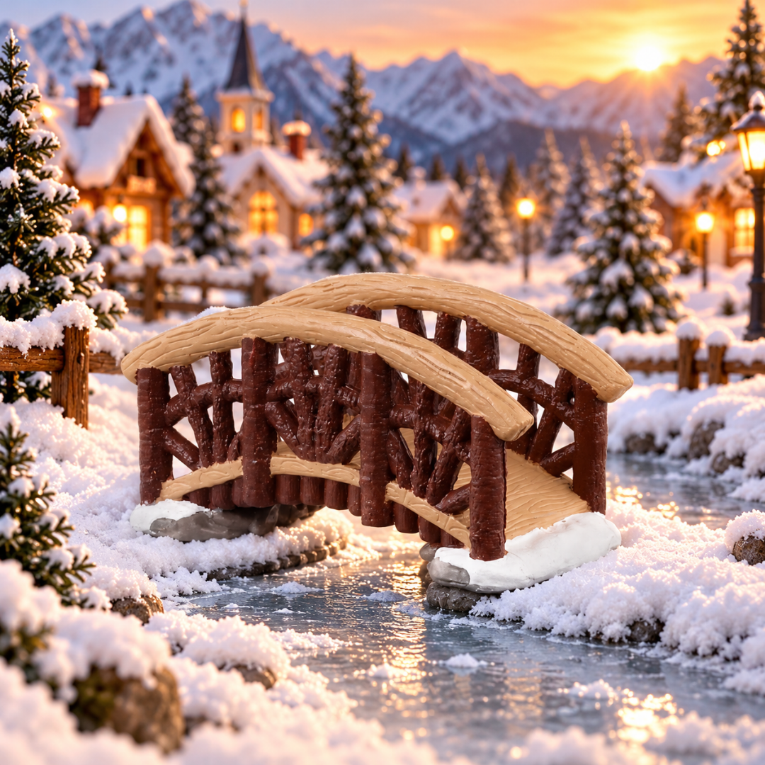 Ponticello rustico Lemax in legno con struttura ad arco, dettagli effetto tronchi e neve alla base ambientato in un villaggio natalizio Lemax.