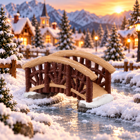Ponticello rustico Lemax in legno con struttura ad arco, dettagli effetto tronchi e neve alla base ambientato in un villaggio natalizio Lemax.