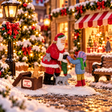 Babbo Natale che consegna un gattino a una bambina, circondato da altri cuccioli e da una cassetta con la scritta “Adopt a Kitten” ambientati in un villaggio natalizio Lemax.