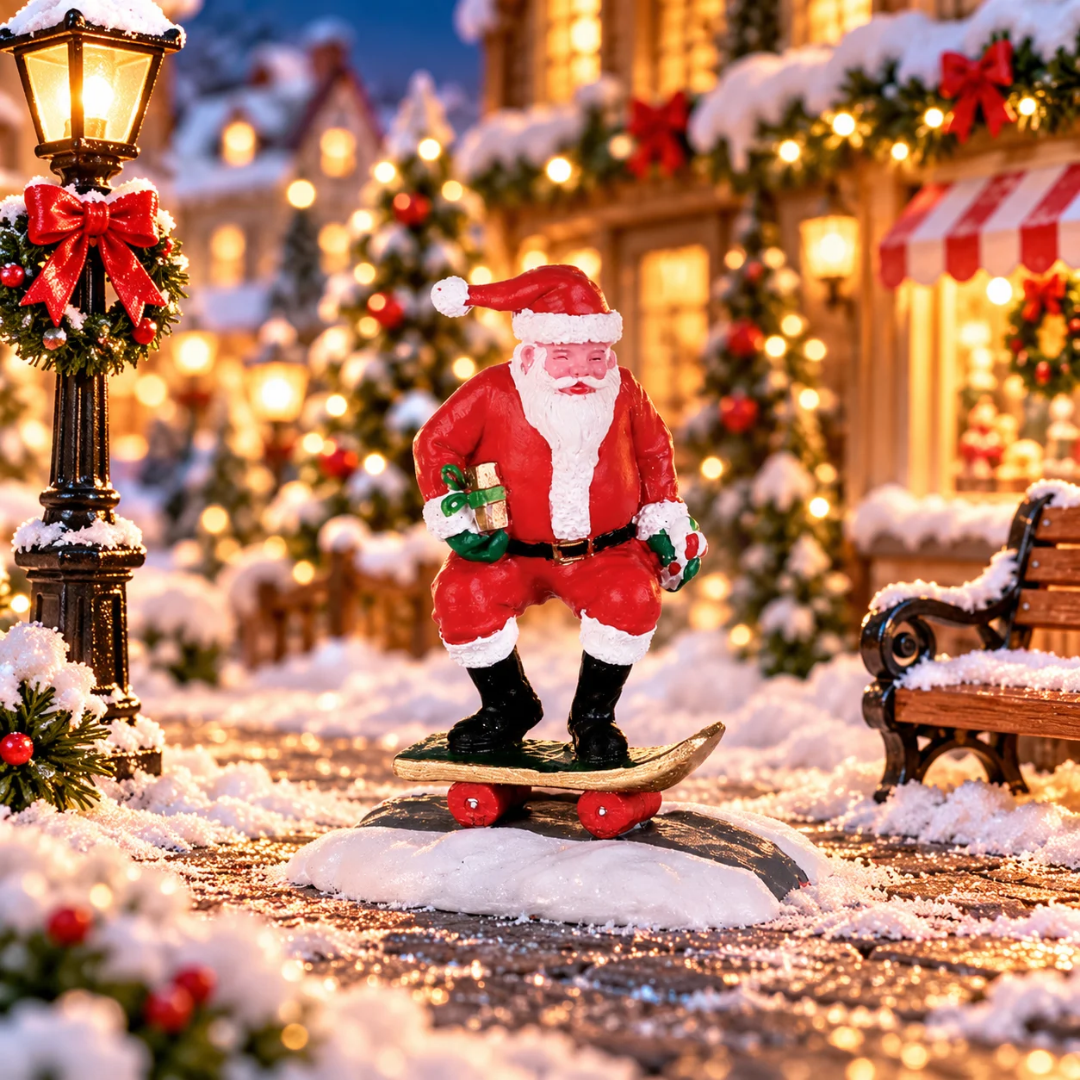Babbo Natale in equilibrio su uno skateboard, con piccoli regali tra le mani ambientato in un villaggio natalizio Lemax.