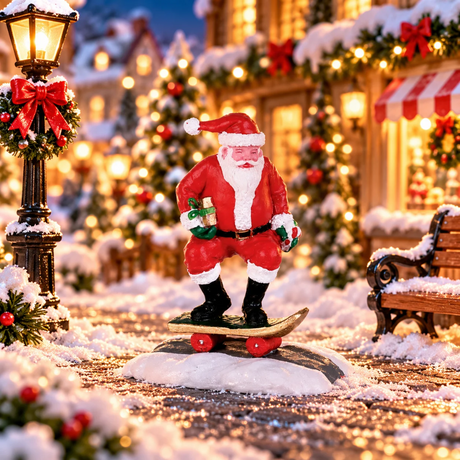 Babbo Natale in equilibrio su uno skateboard, con piccoli regali tra le mani ambientato in un villaggio natalizio Lemax.