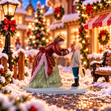 Donna in abito d’epoca che sistema il colletto di un bambino vestito per una passeggiata invernale ambientati in un villaggio natalizio Lemax.