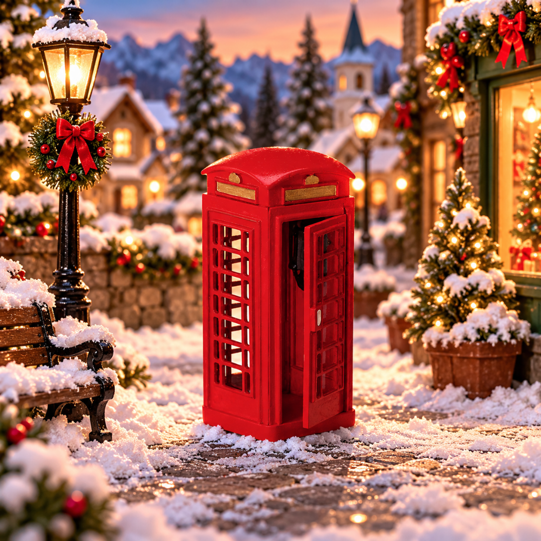 Cabina telefonica rossa in stile inglese con porta semiaperta e struttura a vetri ambientata in un villaggio natalizio Lemax.