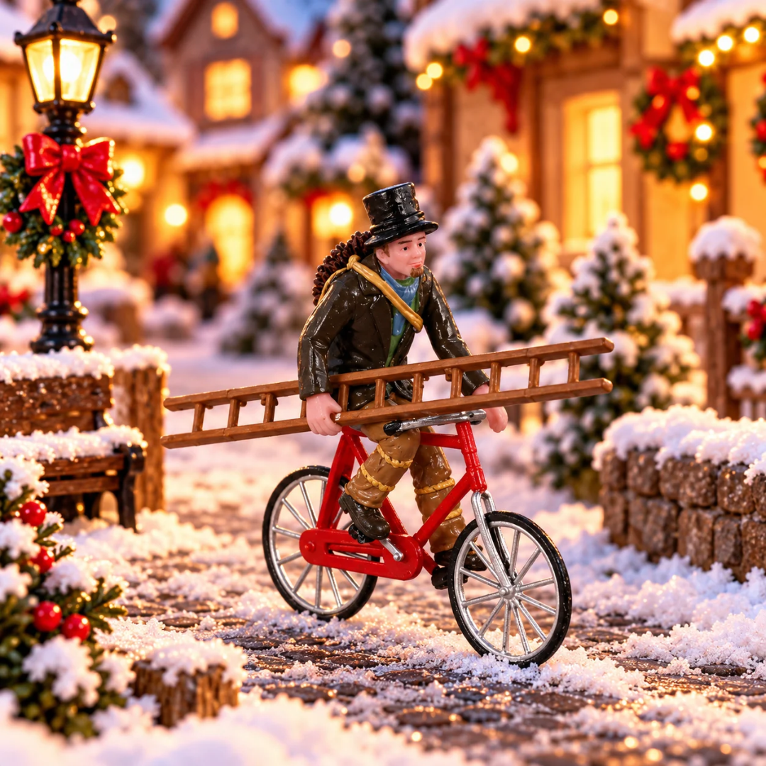 Statuetta di uno spazzacamino in bicicletta che trasporta una lunga scala e gli attrezzi da lavoro ambientato in un villaggio natalizio Lemax.