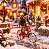 Statuetta di uno spazzacamino in bicicletta che trasporta una lunga scala e gli attrezzi da lavoro ambientato in un villaggio natalizio Lemax.