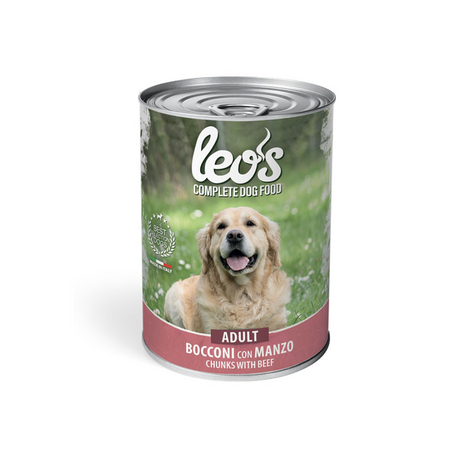 Barattolo di cibo per cani Leo's con etichetta rossa, varietà 'Bocconi con Manzo' per cani adulti, con Golden Retriever sull'etichetta.