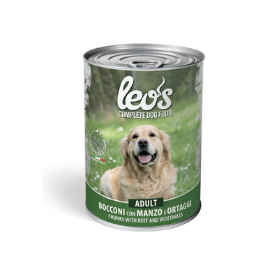 Barattolo di cibo per cani Leo's con etichetta verde, varietà 'Bocconi con Manzo e Ortaggi' per cani adulti, con lo stesso Golden Retriever sull'etichetta.