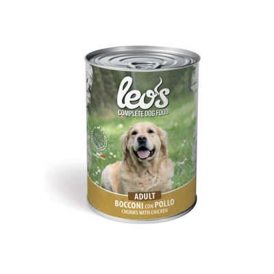 Barattolo di cibo per cani Leo's con etichetta dorata, varietà 'Bocconi con Pollo' per cani adulti, con Golden Retriever sorridente.