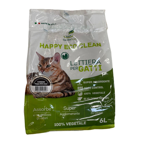 Lettiera per gatti Happy Eco Clean al carbone, agglomerante vegetale super assorbente con controllo odori.